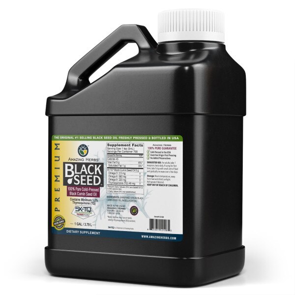 Side view of one-gallon black seed